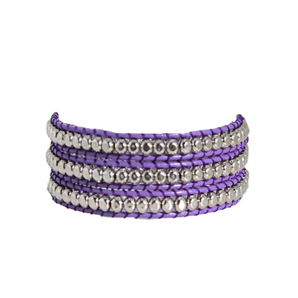 Hammered Metal 3 Wrap Bracelet Purple Leather NWT